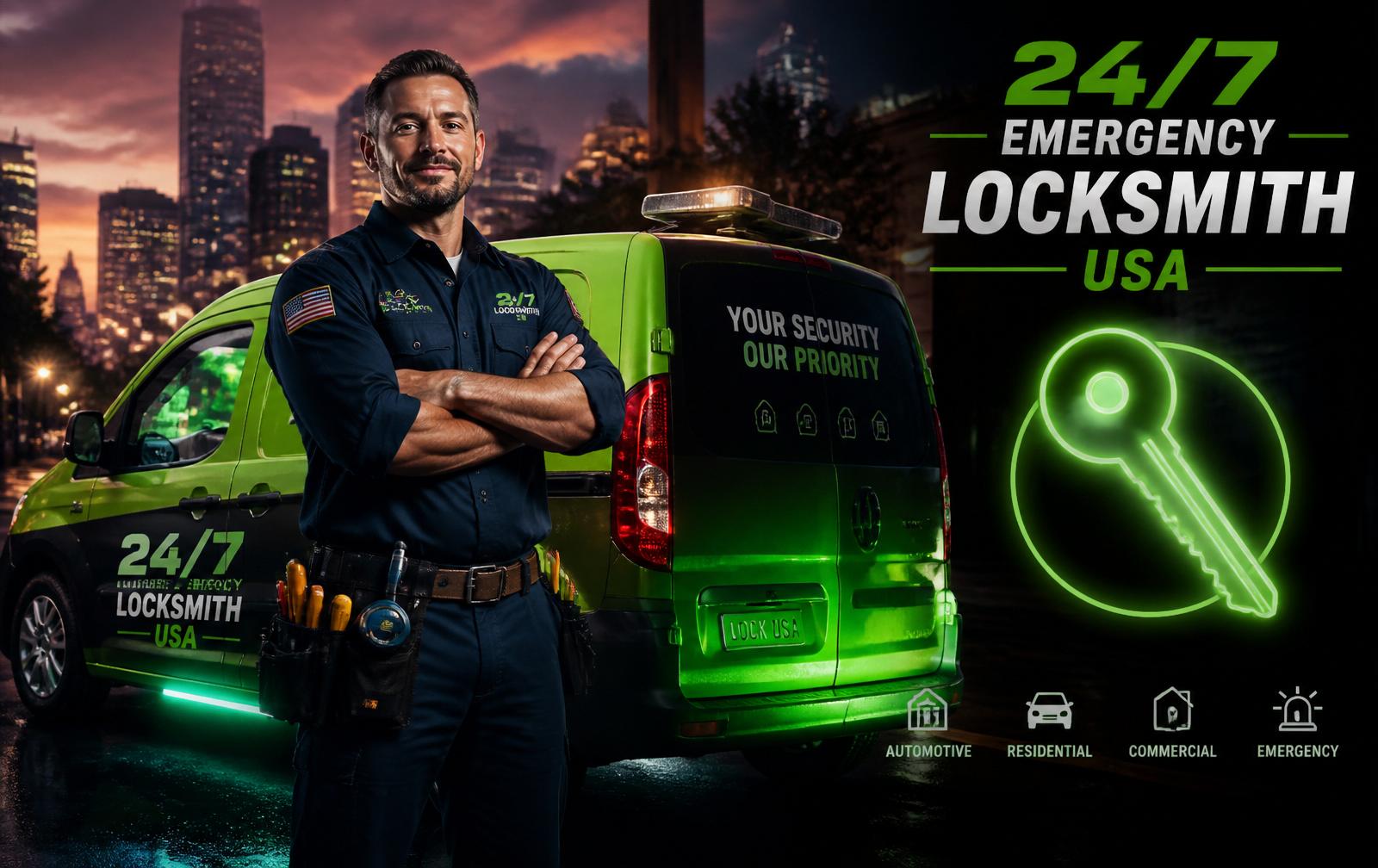 Professional 24/7 emergency locksmith USA β technician with service van